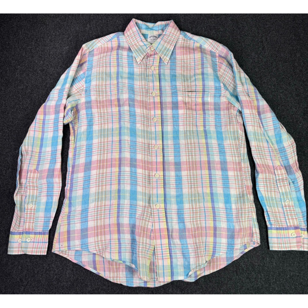 Brooks Brothers Linen Original Polo Shirt Men Med Pink Plaid Irish Button Down